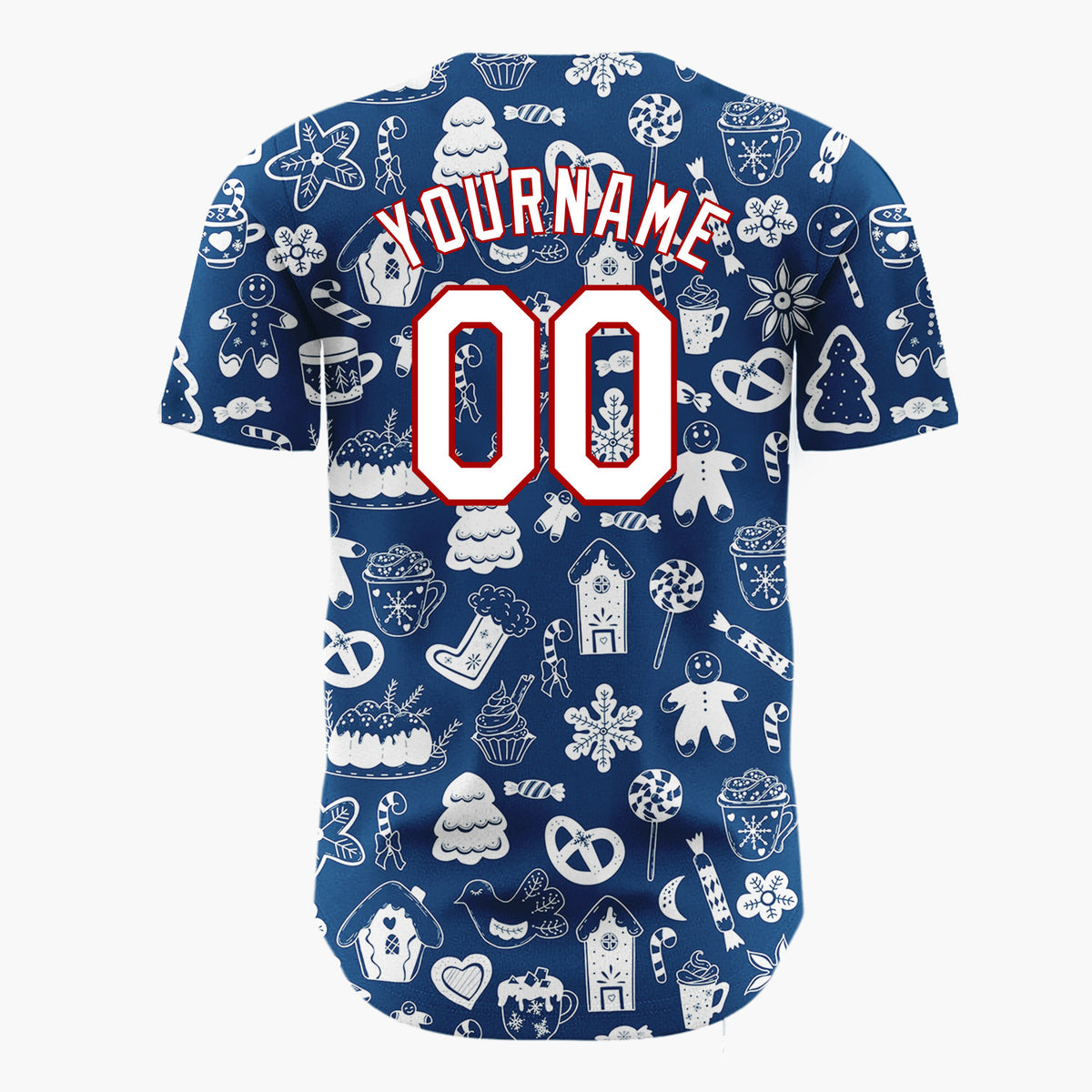 Custom Navy Blue White Holiday Treats Icons Doodle Pattern Christmas Baseball Jersey