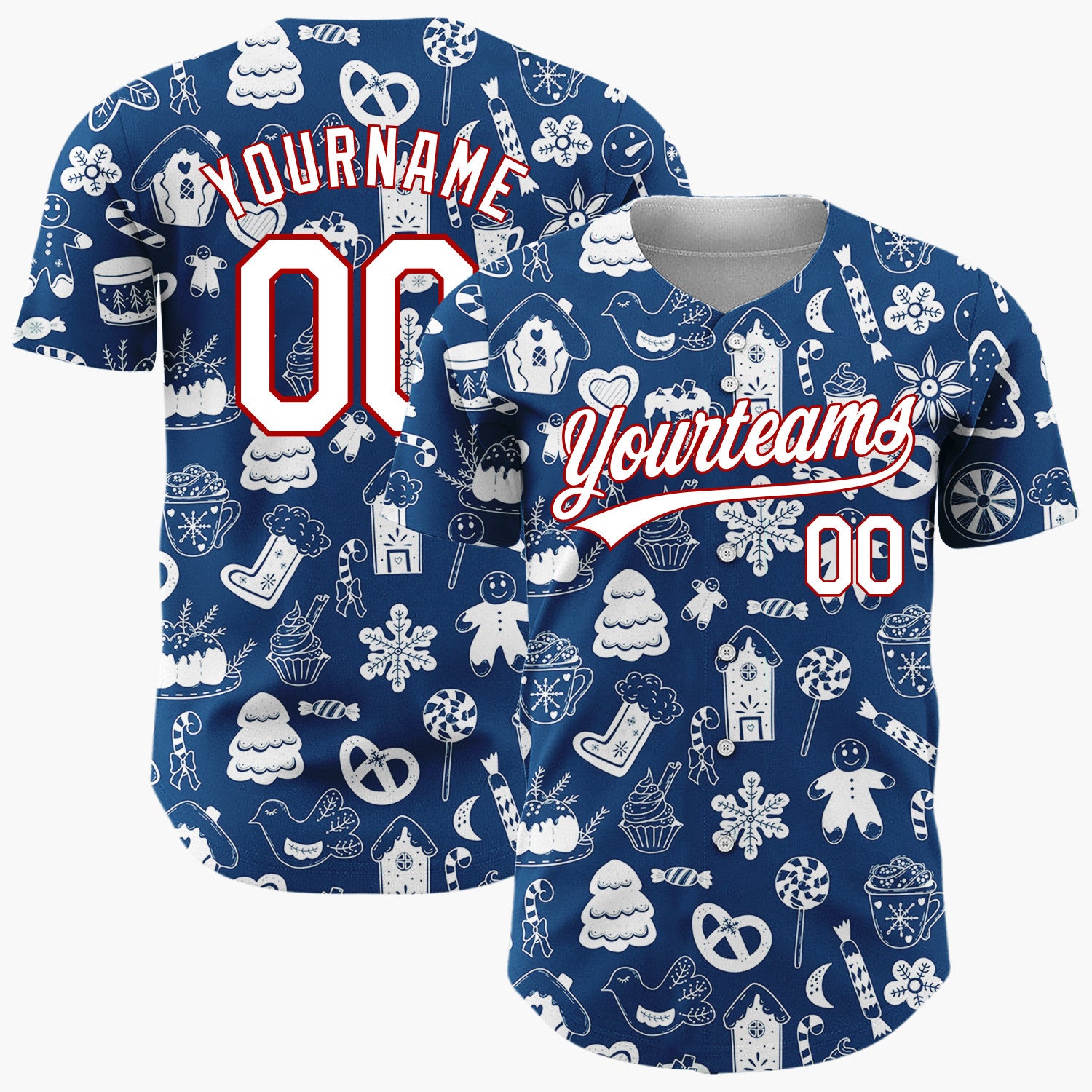 Custom Navy Blue White Holiday Treats Icons Doodle Pattern Christmas Baseball Jersey