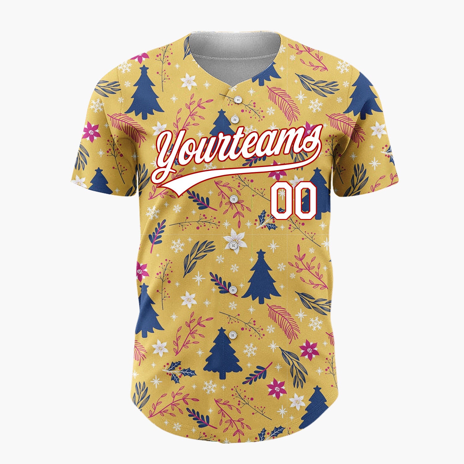 Custom Mustard Yellow Blue Red Festive Floral And Tree Christmas Baseball Jersey