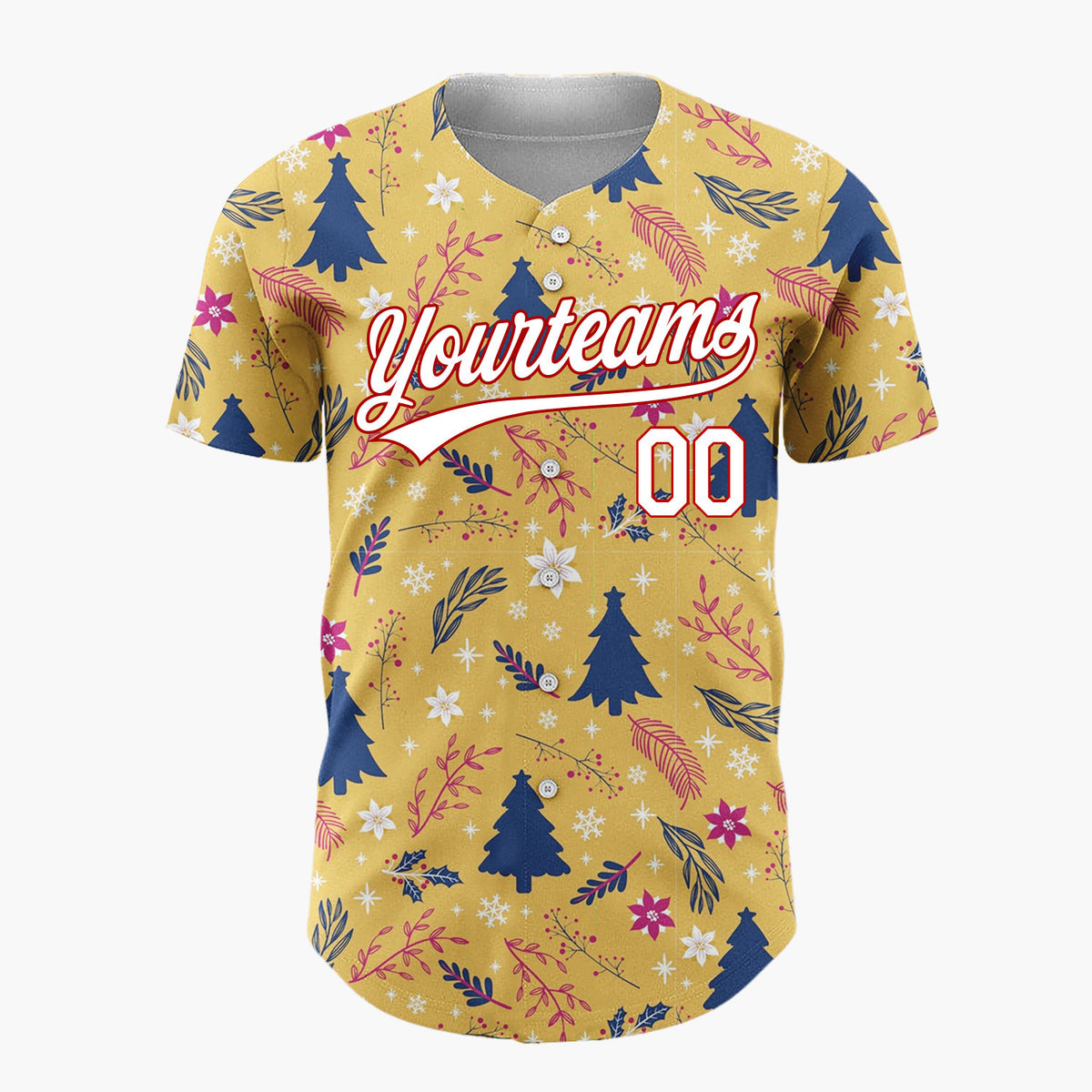 Custom Mustard Yellow Blue Red Festive Floral And Tree Christmas Baseball Jersey