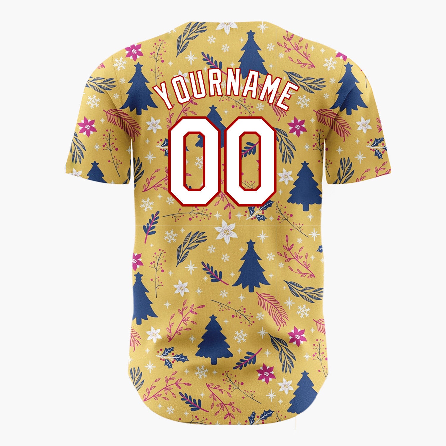 Custom Mustard Yellow Blue Red Festive Floral And Tree Christmas Baseball Jersey