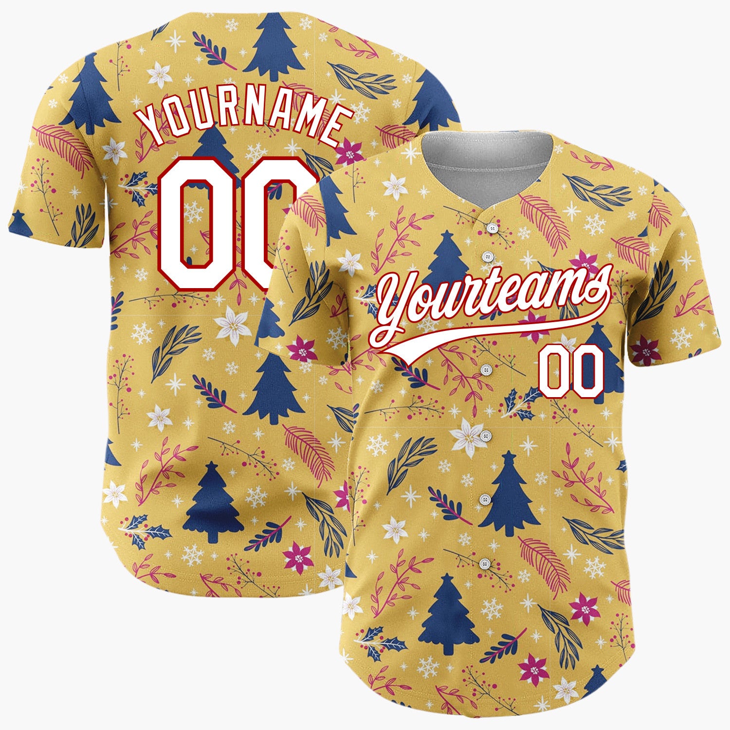 Custom Mustard Yellow Blue Red Festive Floral And Tree Christmas Baseball Jersey