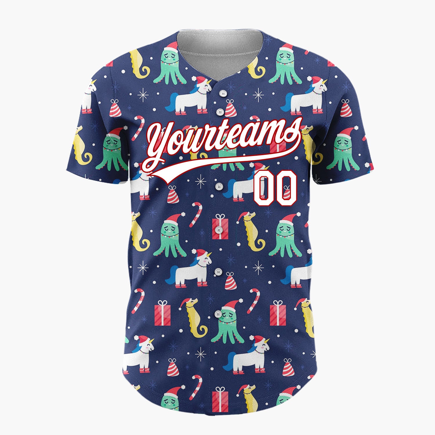 Custom Navy Blue Seahorses Octopus And Unicorns Underwater Christmas Baseball Jersey