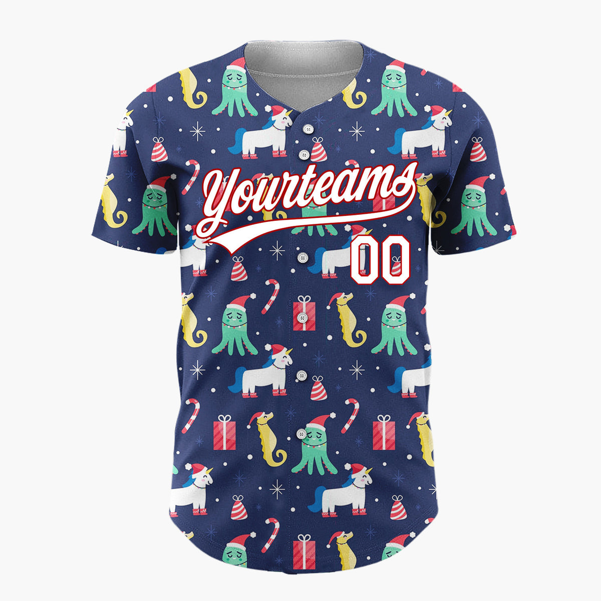 Custom Navy Blue Seahorses Octopus And Unicorns Underwater Christmas Baseball Jersey