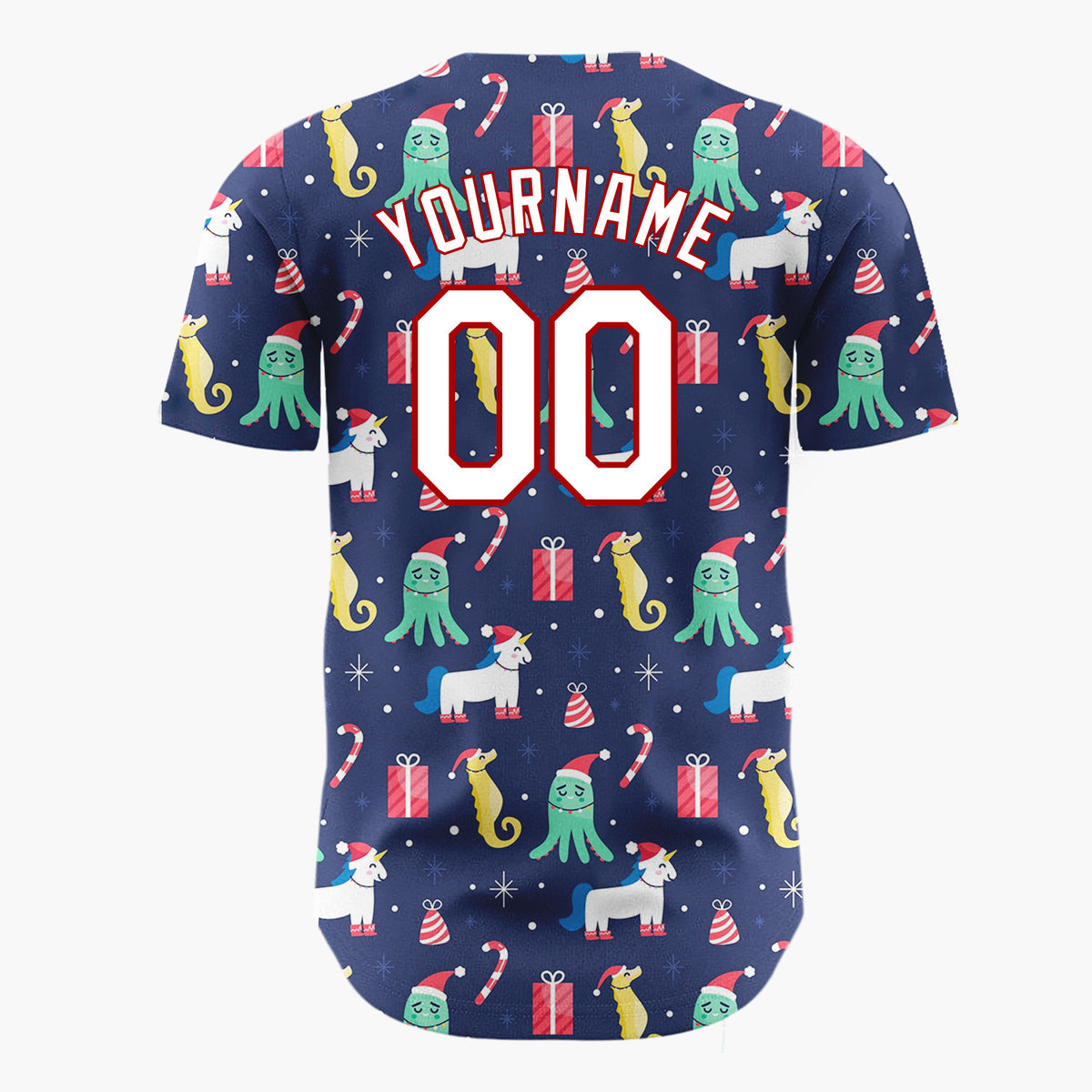 Custom Navy Blue Seahorses Octopus And Unicorns Underwater Christmas Baseball Jersey
