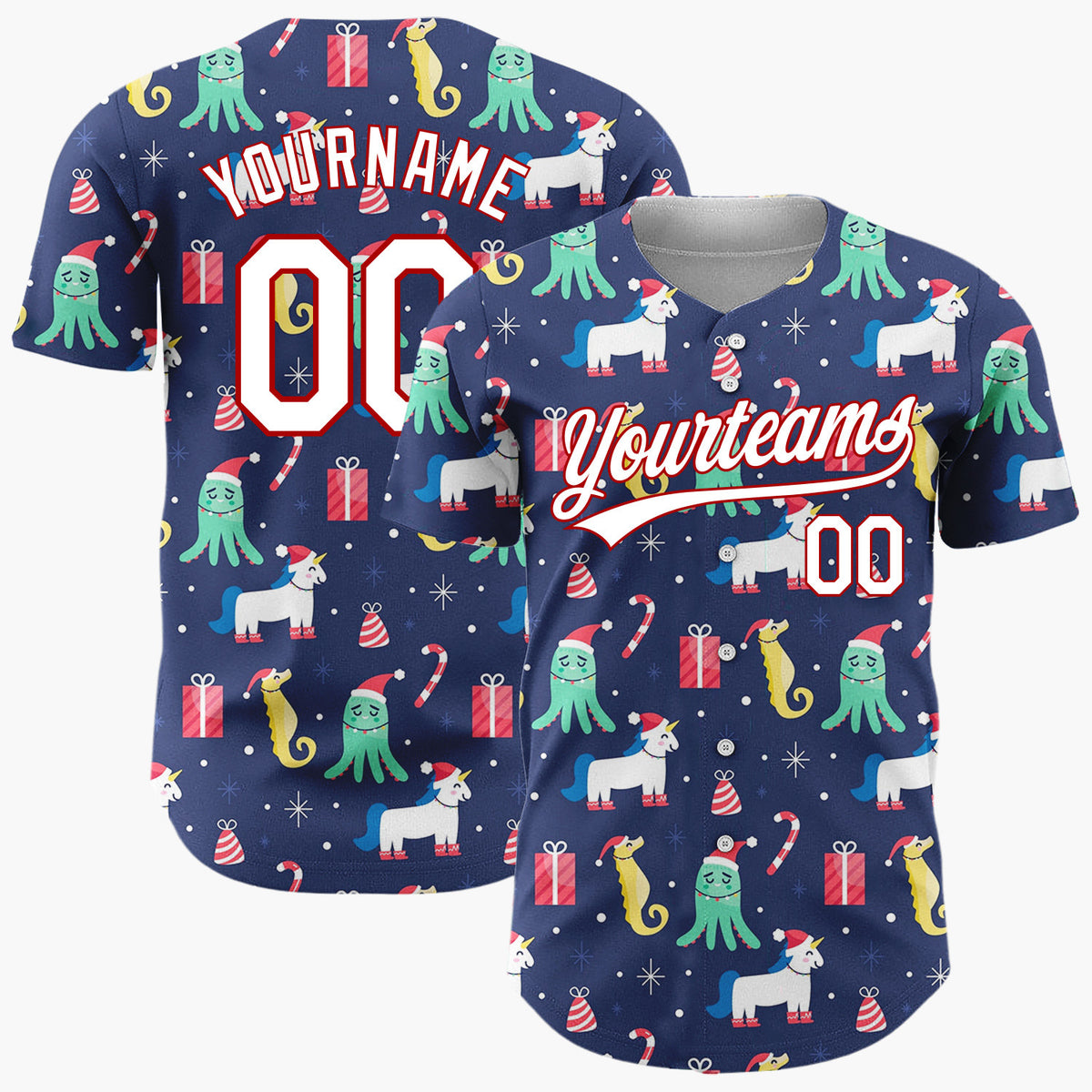 Custom Navy Blue Seahorses Octopus And Unicorns Underwater Christmas Baseball Jersey