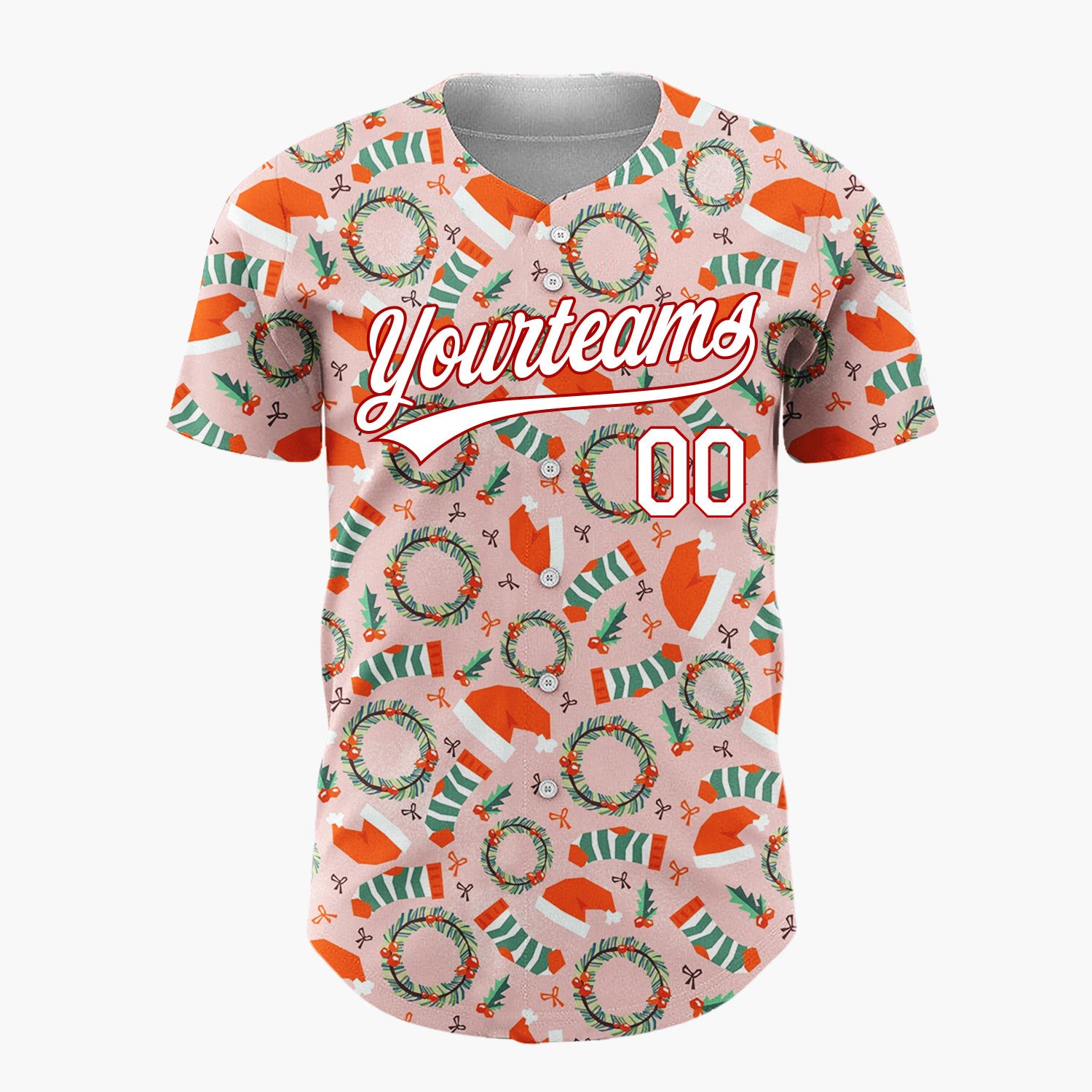 Custom Light Pink Red Green Wreath And Hats Christmas Baseball Jersey