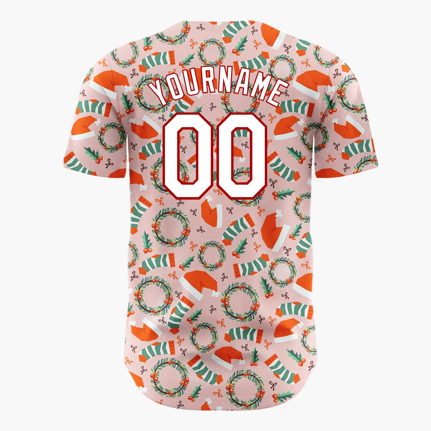 Custom Light Pink Red Green Wreath And Hats Christmas Baseball Jersey