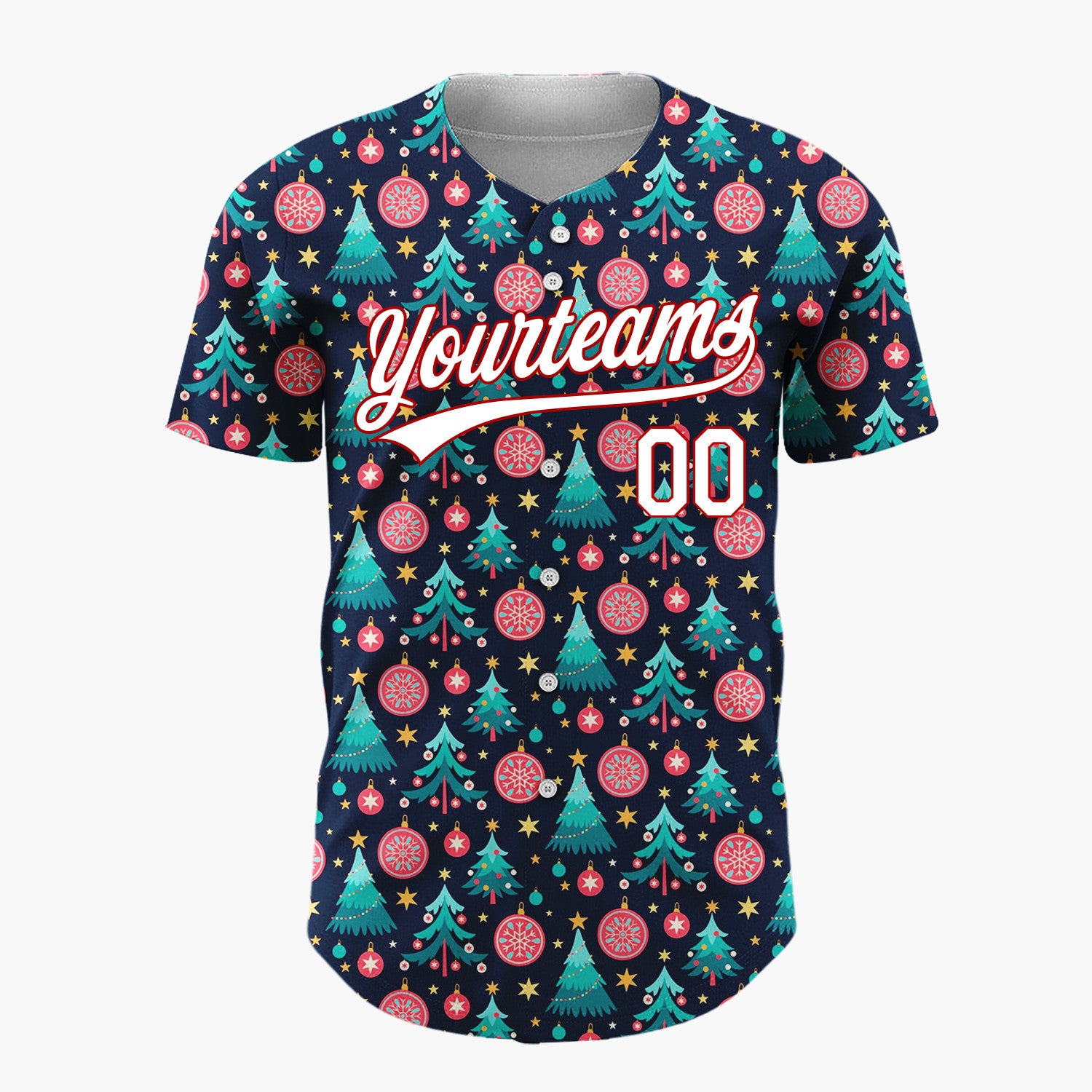 Custom Navy Blue Trees Stars And Baubles Festive Christmas Baseball Jersey