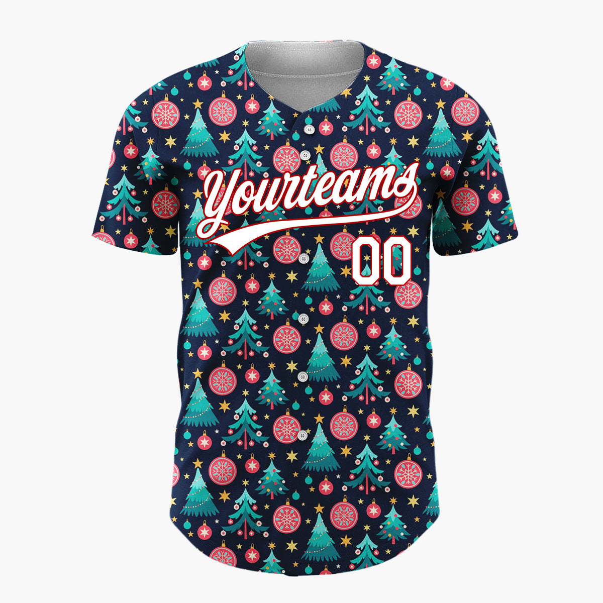 Custom Navy Blue Trees Stars And Baubles Festive Christmas Baseball Jersey