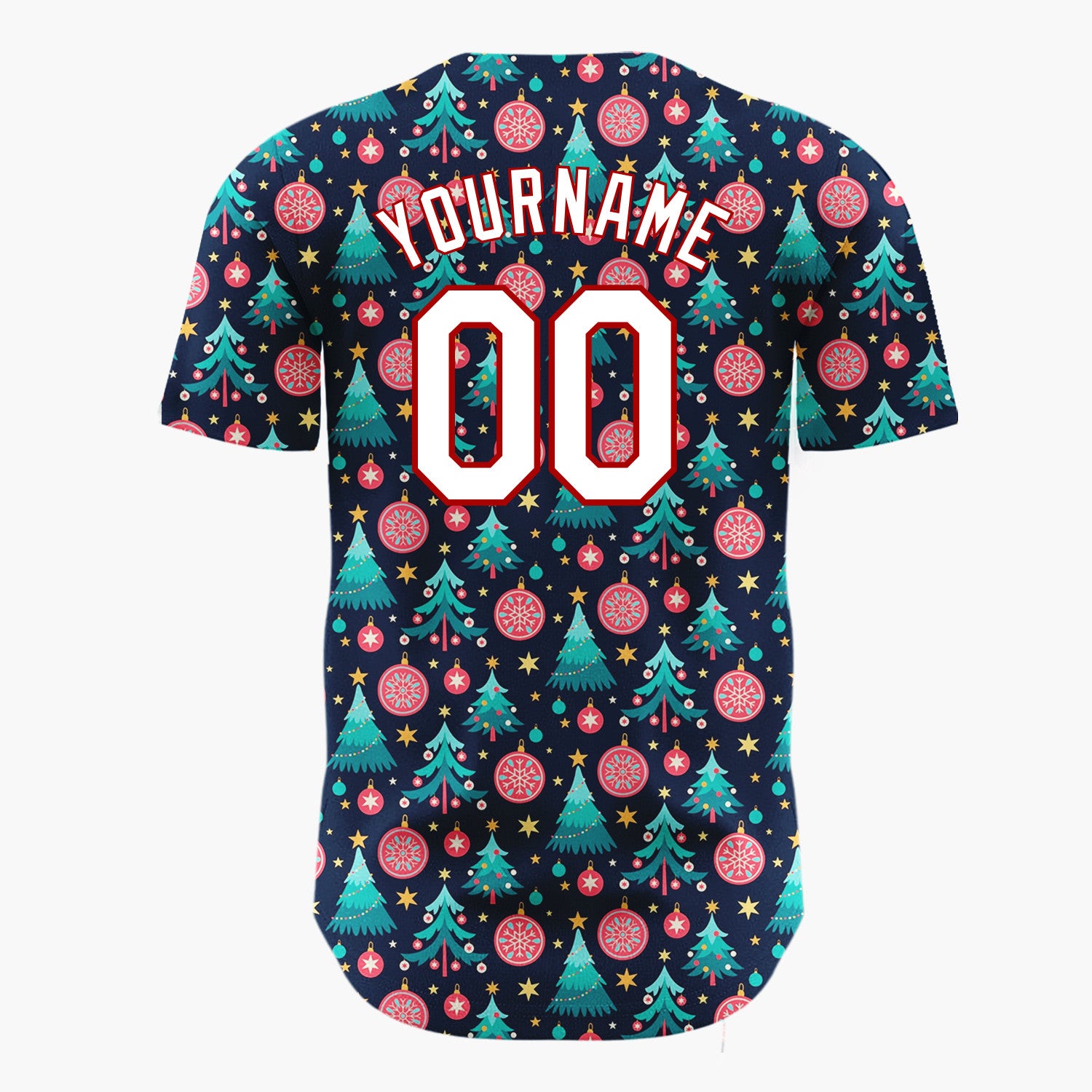 Custom Navy Blue Trees Stars And Baubles Festive Christmas Baseball Jersey