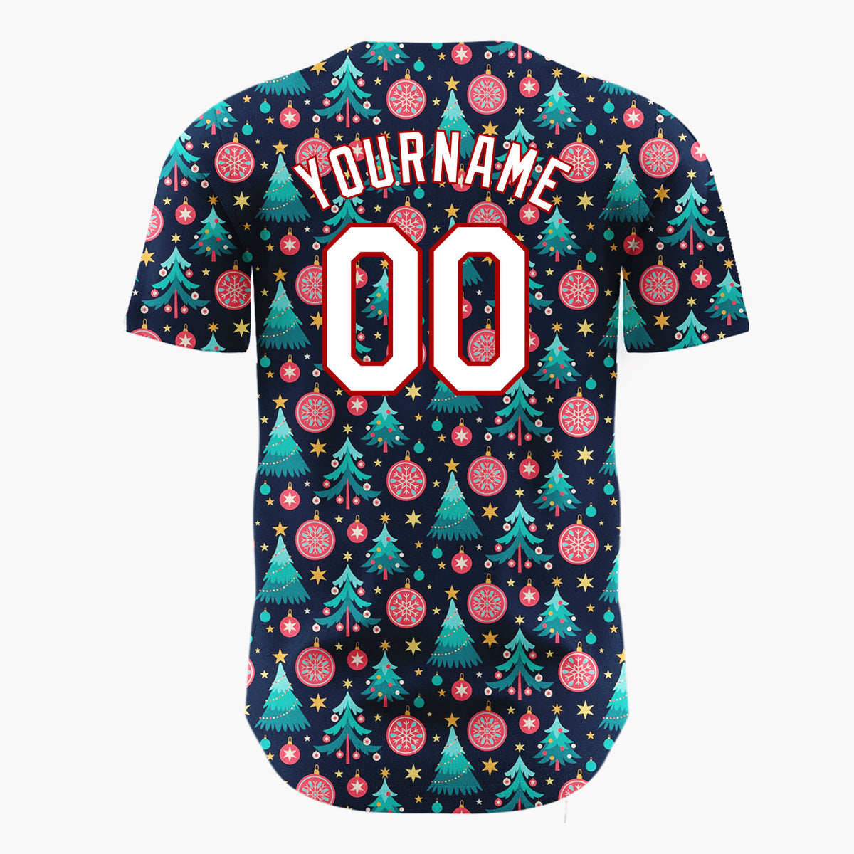 Custom Navy Blue Trees Stars And Baubles Festive Christmas Baseball Jersey