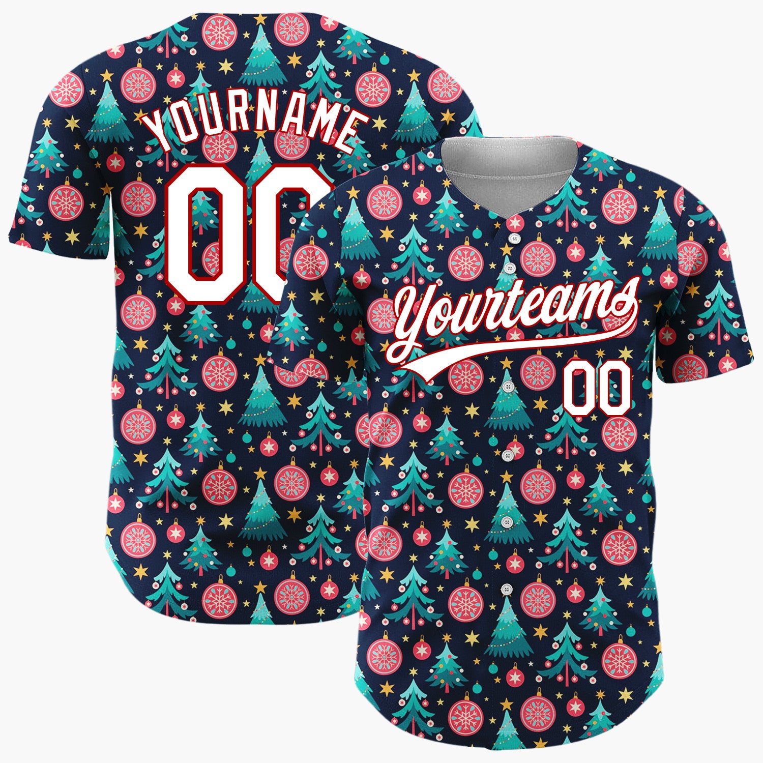 Custom Navy Blue Trees Stars And Baubles Festive Christmas Baseball Jersey