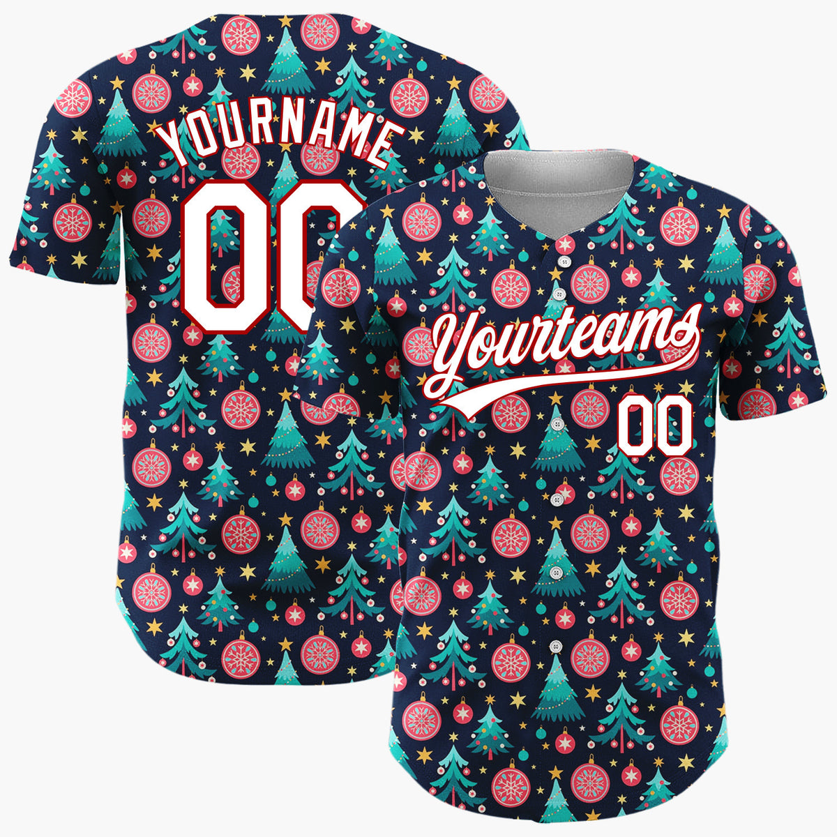 Custom Navy Blue Trees Stars And Baubles Festive Christmas Baseball Jersey