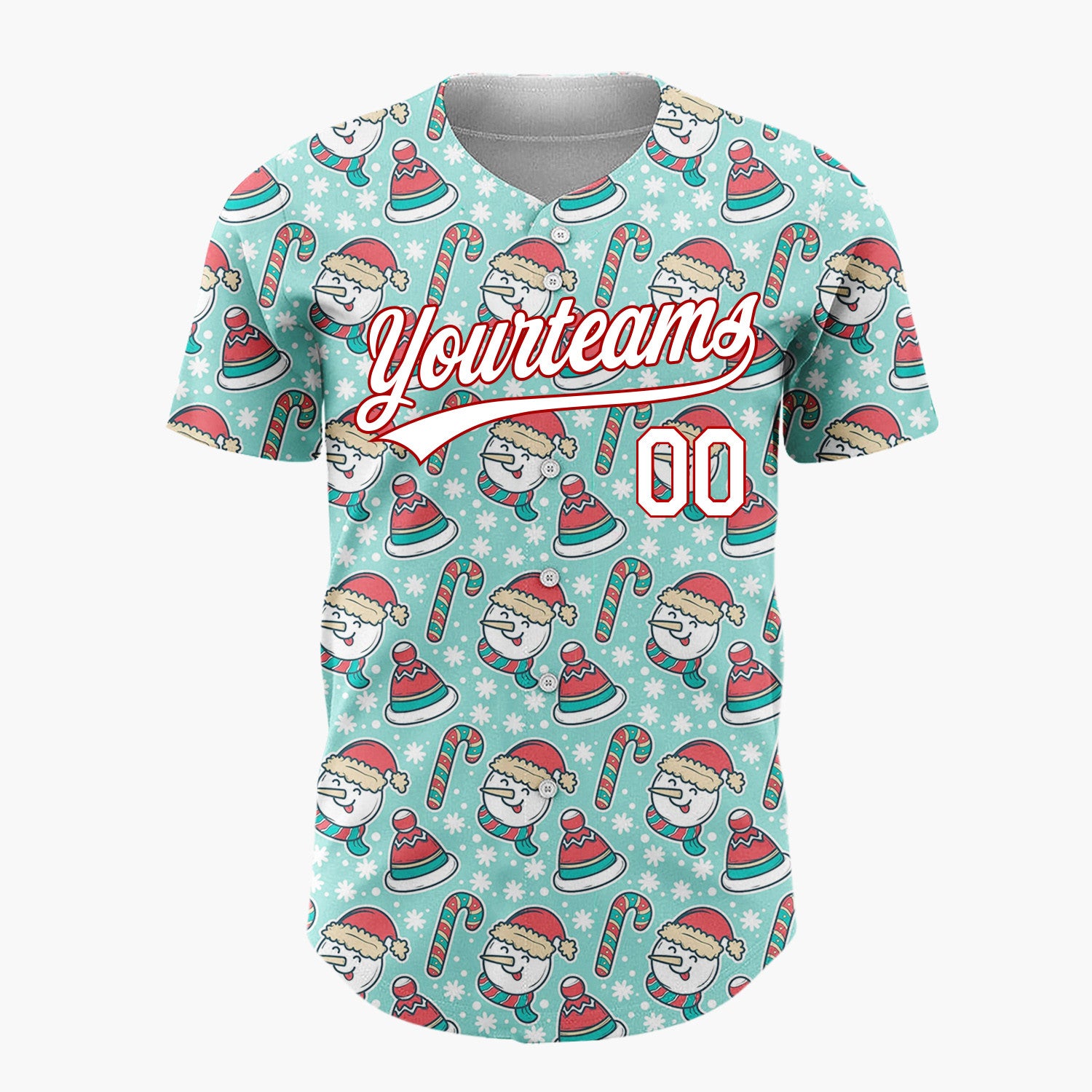 Custom Mint Green Red White Snowmen Hats And Candy Canes Cute Christmas Baseball Jersey