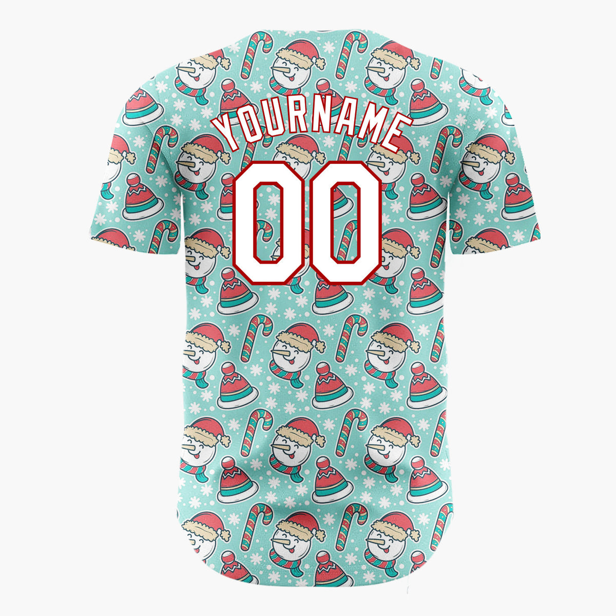 Custom Mint Green Red White Snowmen Hats And Candy Canes Cute Christmas Baseball Jersey