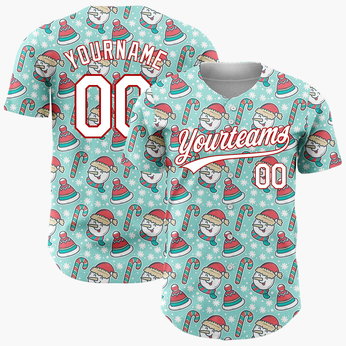 Custom Mint Green Red White Snowmen Hats And Candy Canes Cute Christmas Baseball Jersey