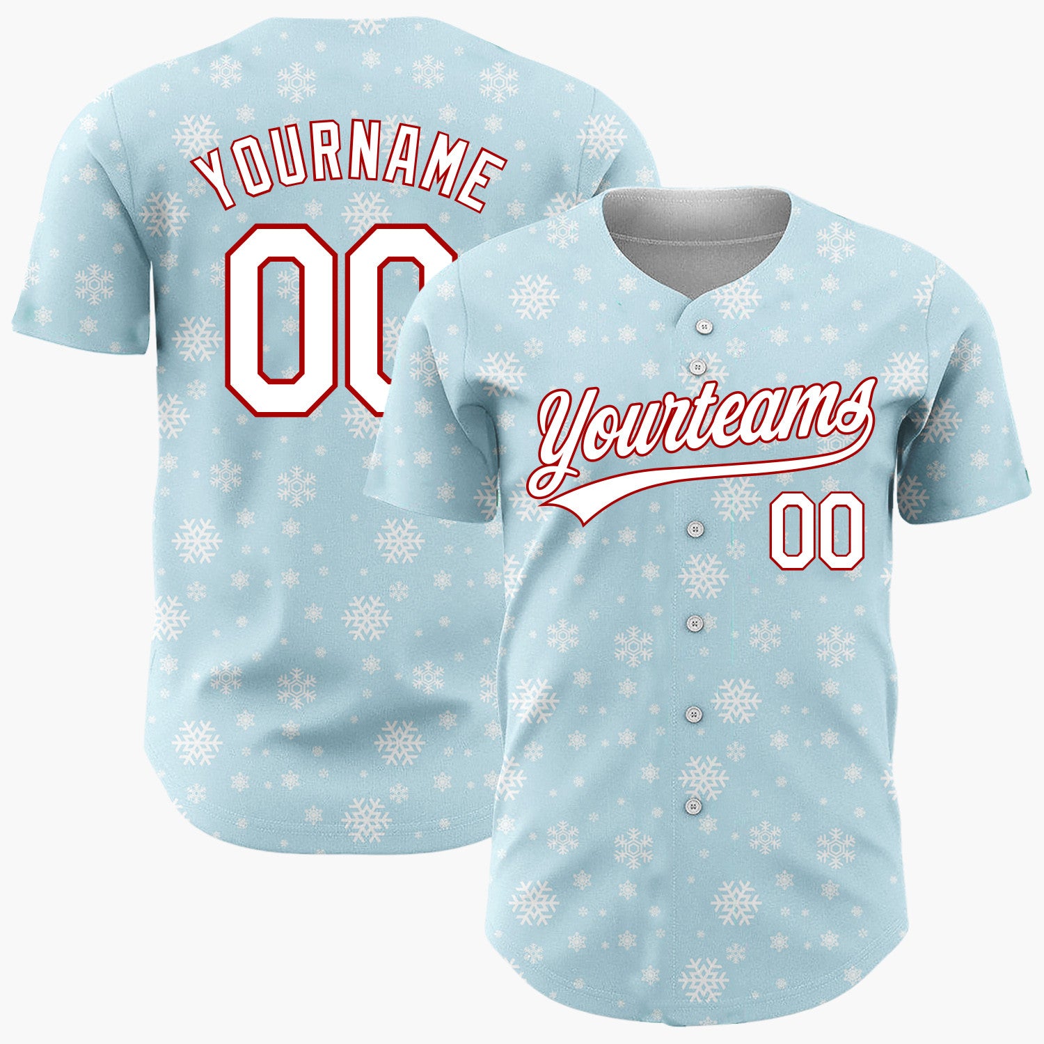 Custom Light Blue White Snowflakes Minimalist Winter Pattern Christmas Baseball Jersey