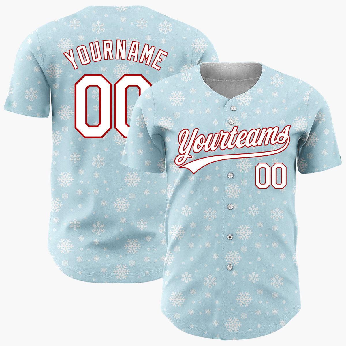 Custom Light Blue White Snowflakes Minimalist Winter Pattern Christmas Baseball Jersey