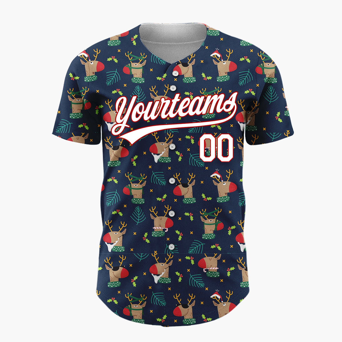 Custom Navy Brown Reindeer Holly And Leaves Funny Christmas Baseball Jersey