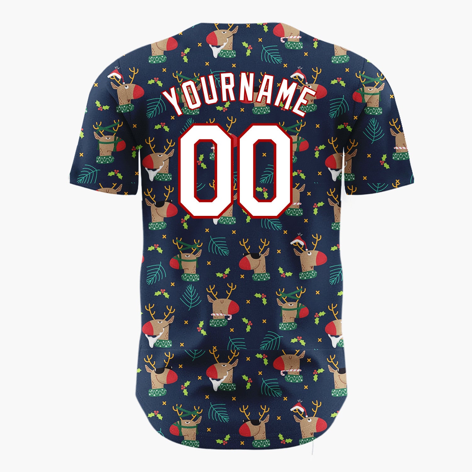 Custom Navy Brown Reindeer Holly And Leaves Funny Christmas Baseball Jersey