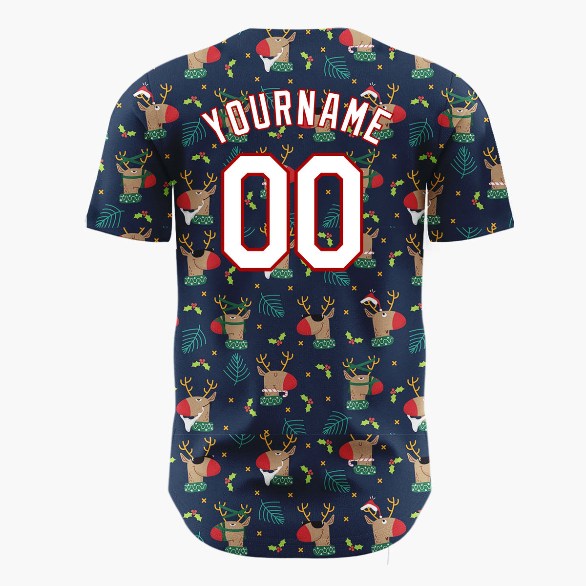 Custom Navy Brown Reindeer Holly And Leaves Funny Christmas Baseball Jersey