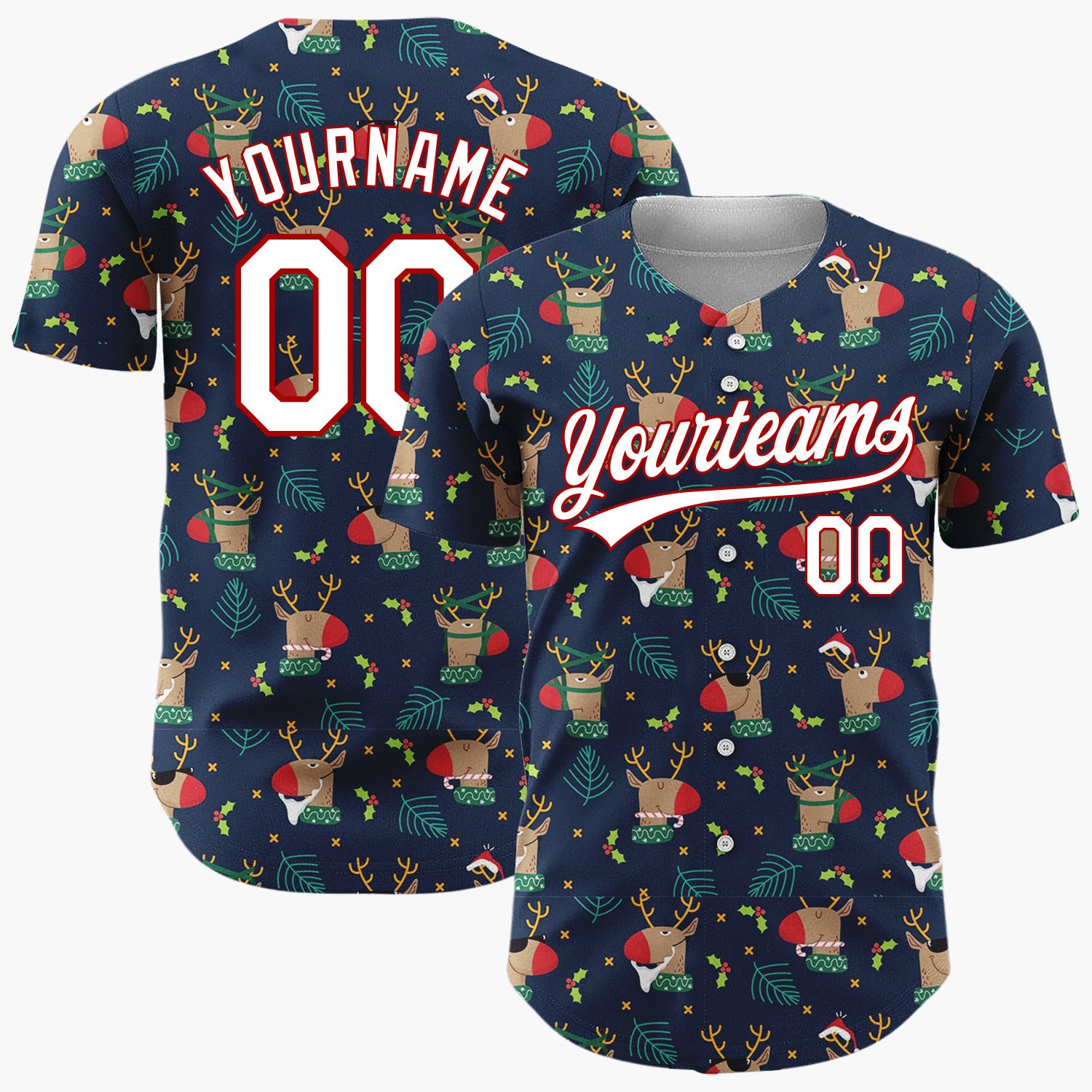 Custom Navy Brown Reindeer Holly And Leaves Funny Christmas Baseball Jersey