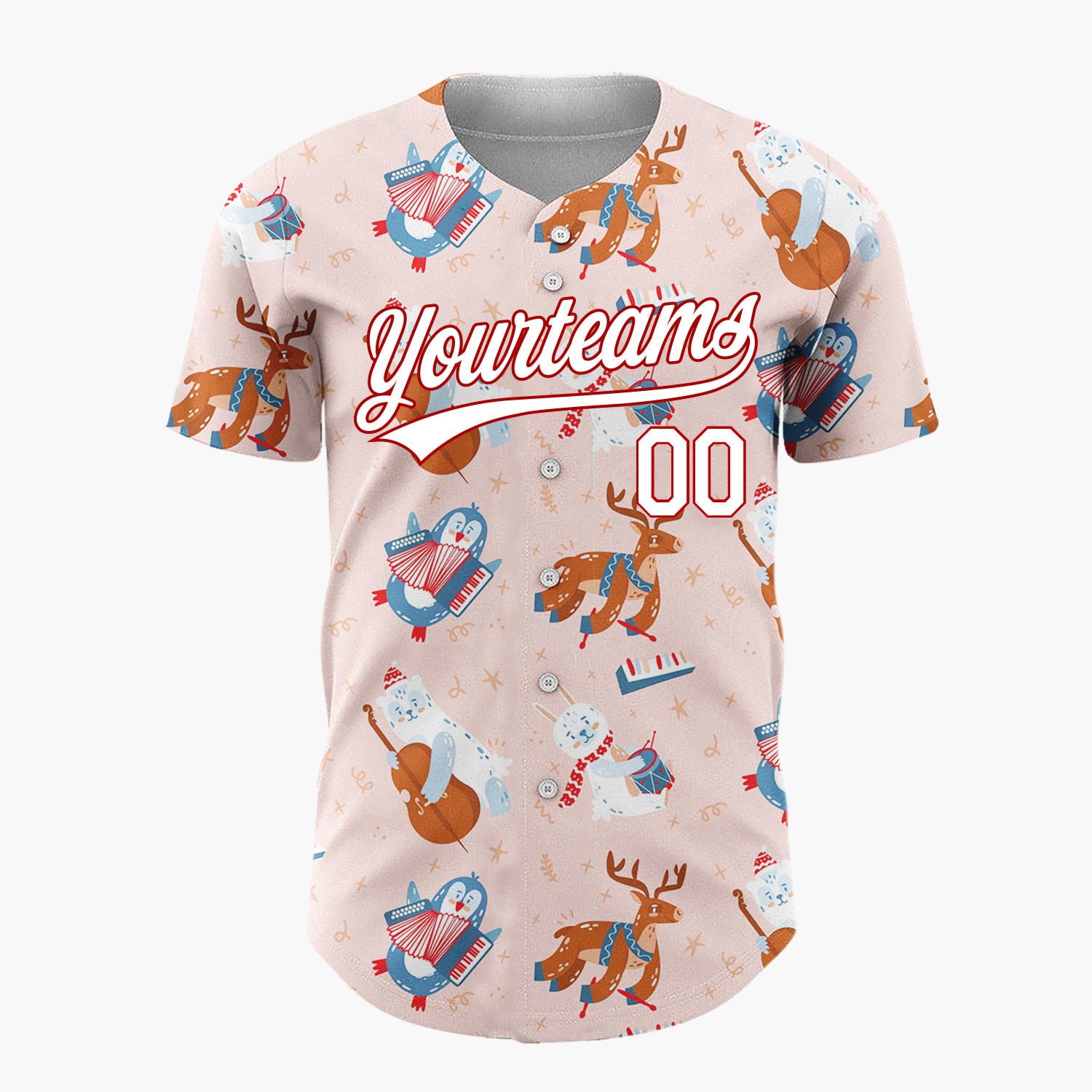 Custom Light Pink Red Blue Cute Animals Playing Music Christmas Baseball Jersey