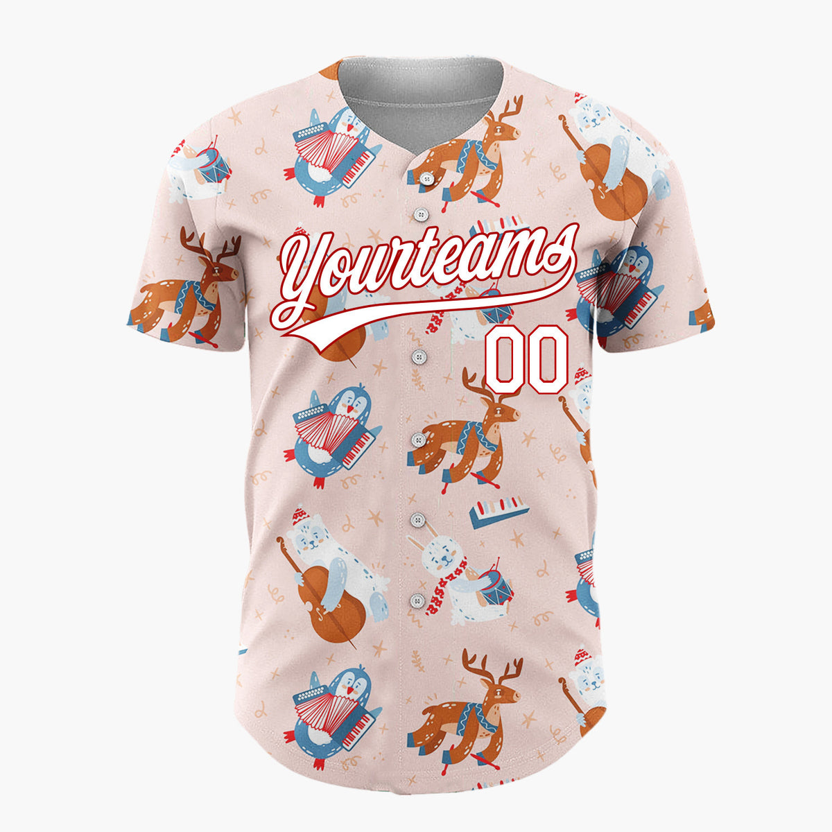 Custom Light Pink Red Blue Cute Animals Playing Music Christmas Baseball Jersey