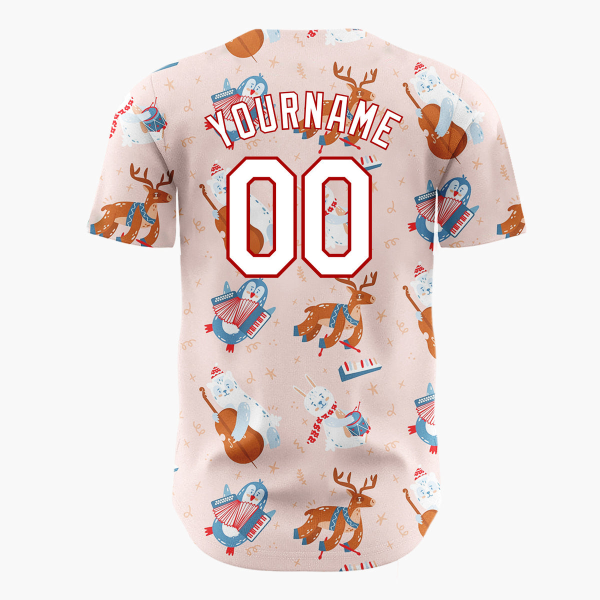 Custom Light Pink Red Blue Cute Animals Playing Music Christmas Baseball Jersey