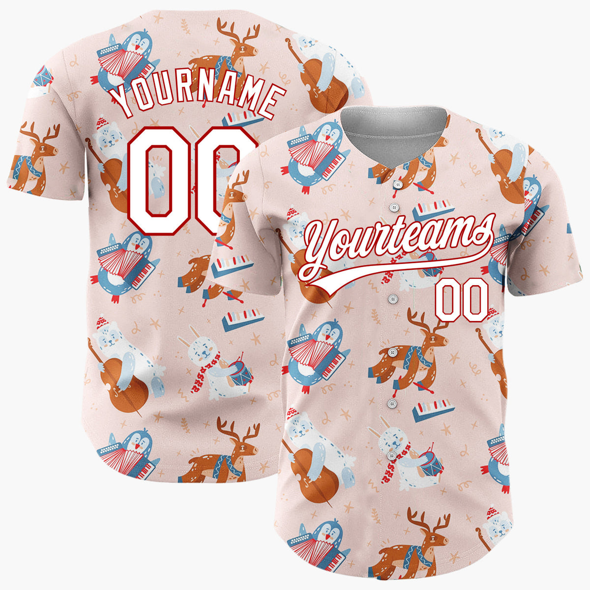 Custom Light Pink Red Blue Cute Animals Playing Music Christmas Baseball Jersey