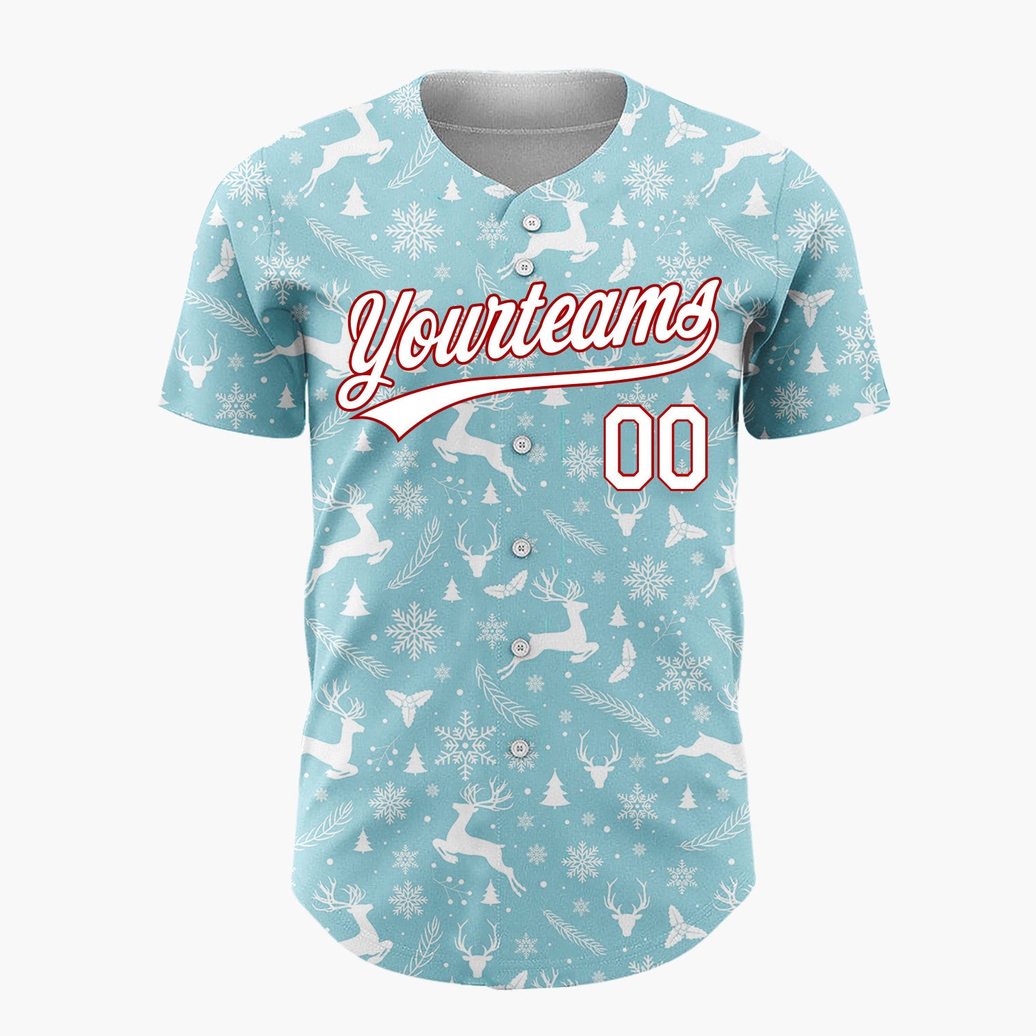 Custom Light Blue White Reindeer Trees And Snowflakes Minimal Christmas Baseball Jersey