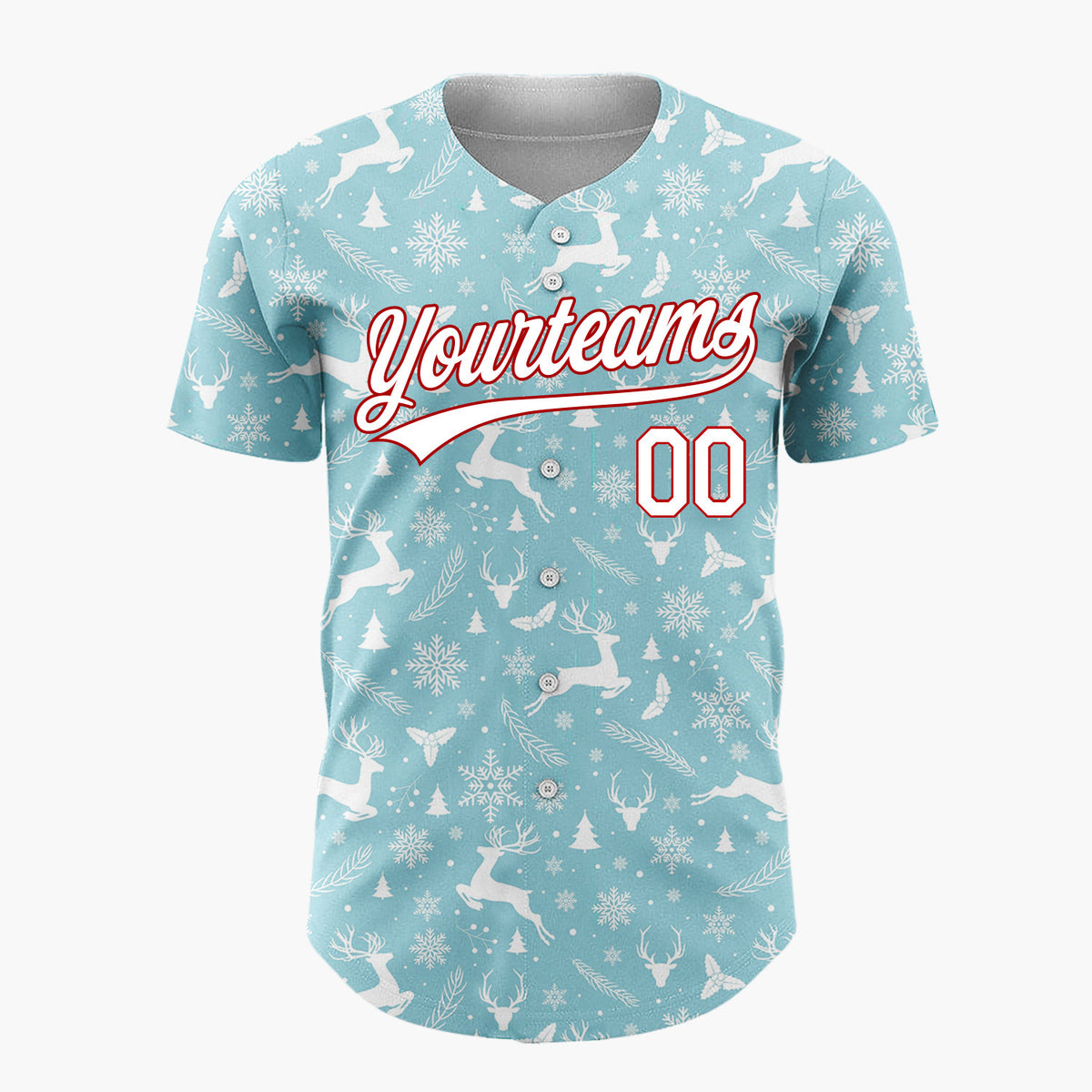 Custom Light Blue White Reindeer Trees And Snowflakes Minimal Christmas Baseball Jersey
