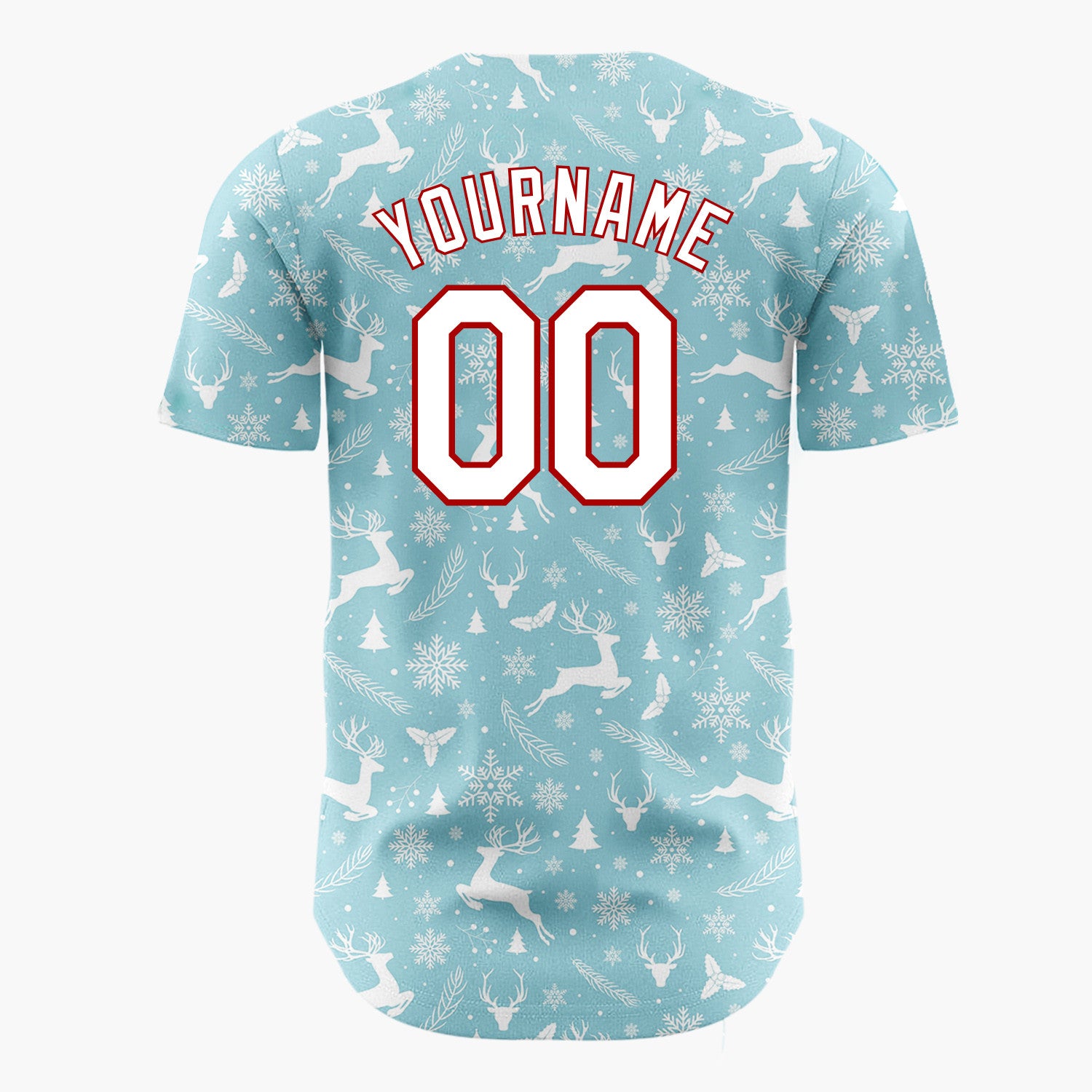Custom Light Blue White Reindeer Trees And Snowflakes Minimal Christmas Baseball Jersey