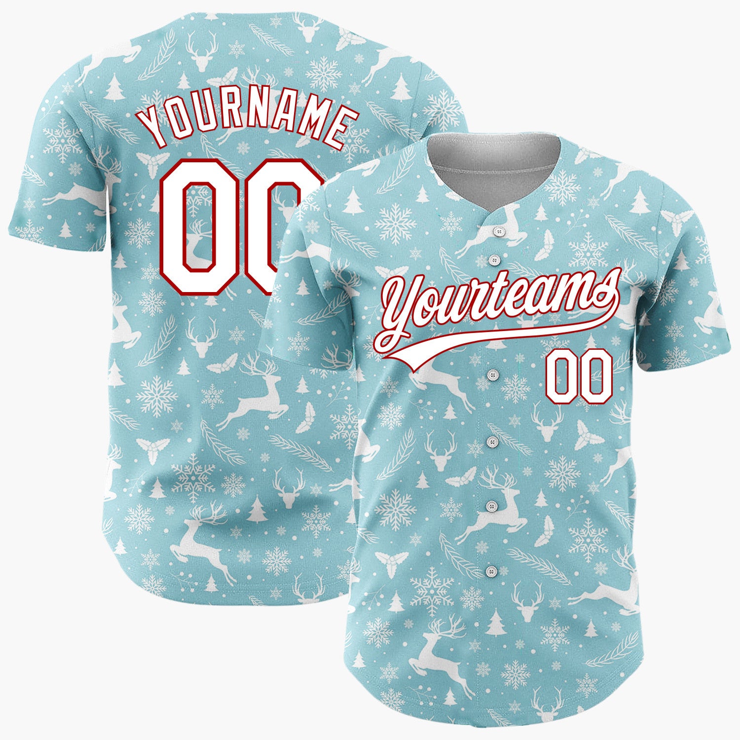 Custom Light Blue White Reindeer Trees And Snowflakes Minimal Christmas Baseball Jersey