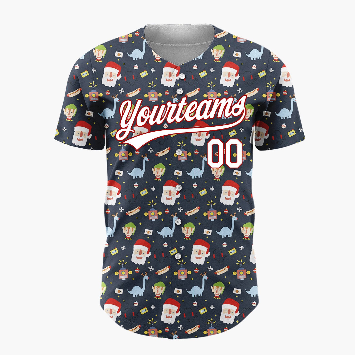 Custom Navy Blue Red Santa Elves And Dinosaurs Fun Retro Christmas Baseball Jersey