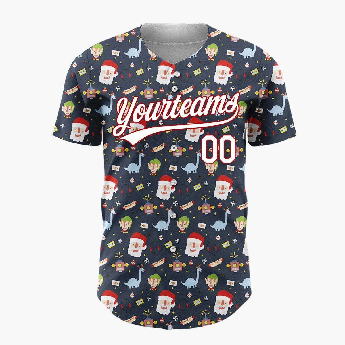 Custom Navy Blue Red Santa Elves And Dinosaurs Fun Retro Christmas Baseball Jersey