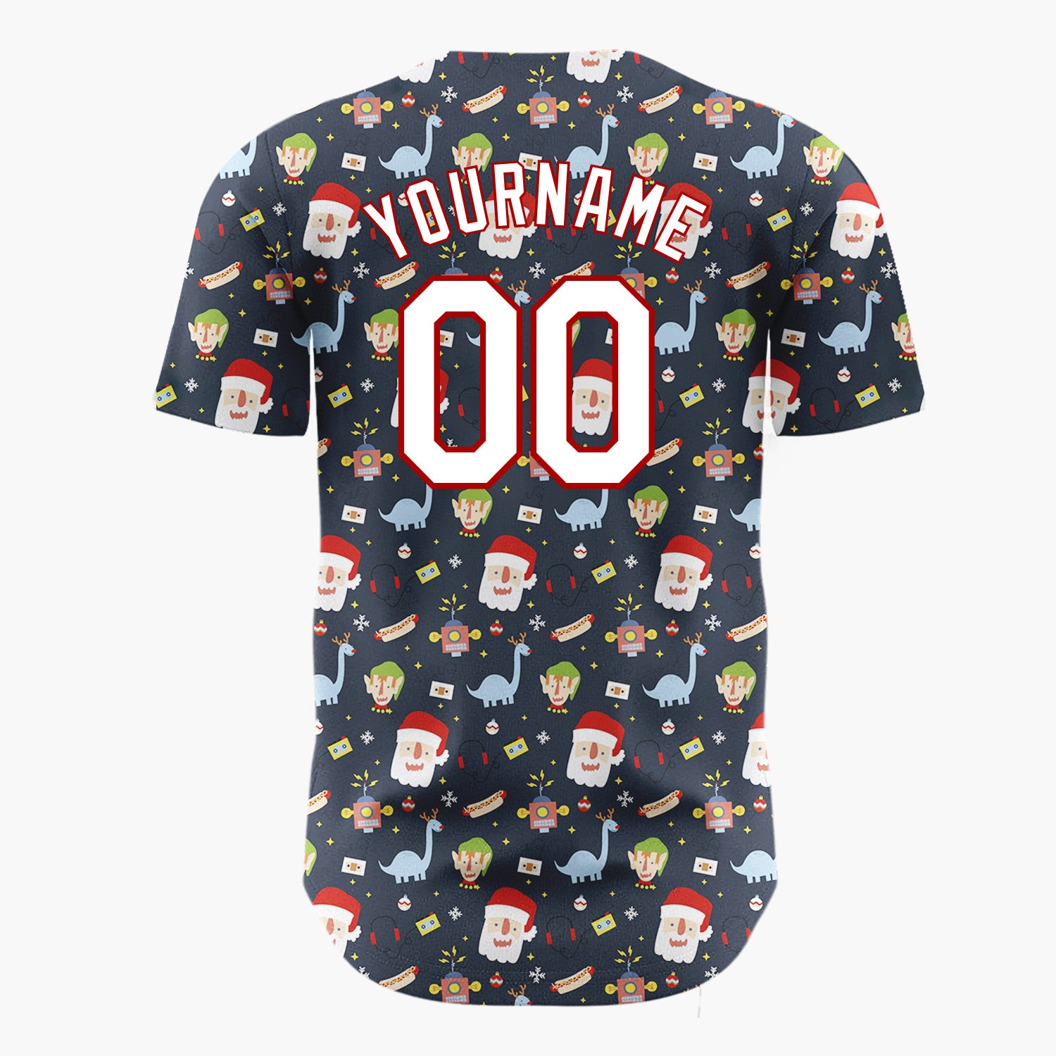 Custom Navy Blue Red Santa Elves And Dinosaurs Fun Retro Christmas Baseball Jersey