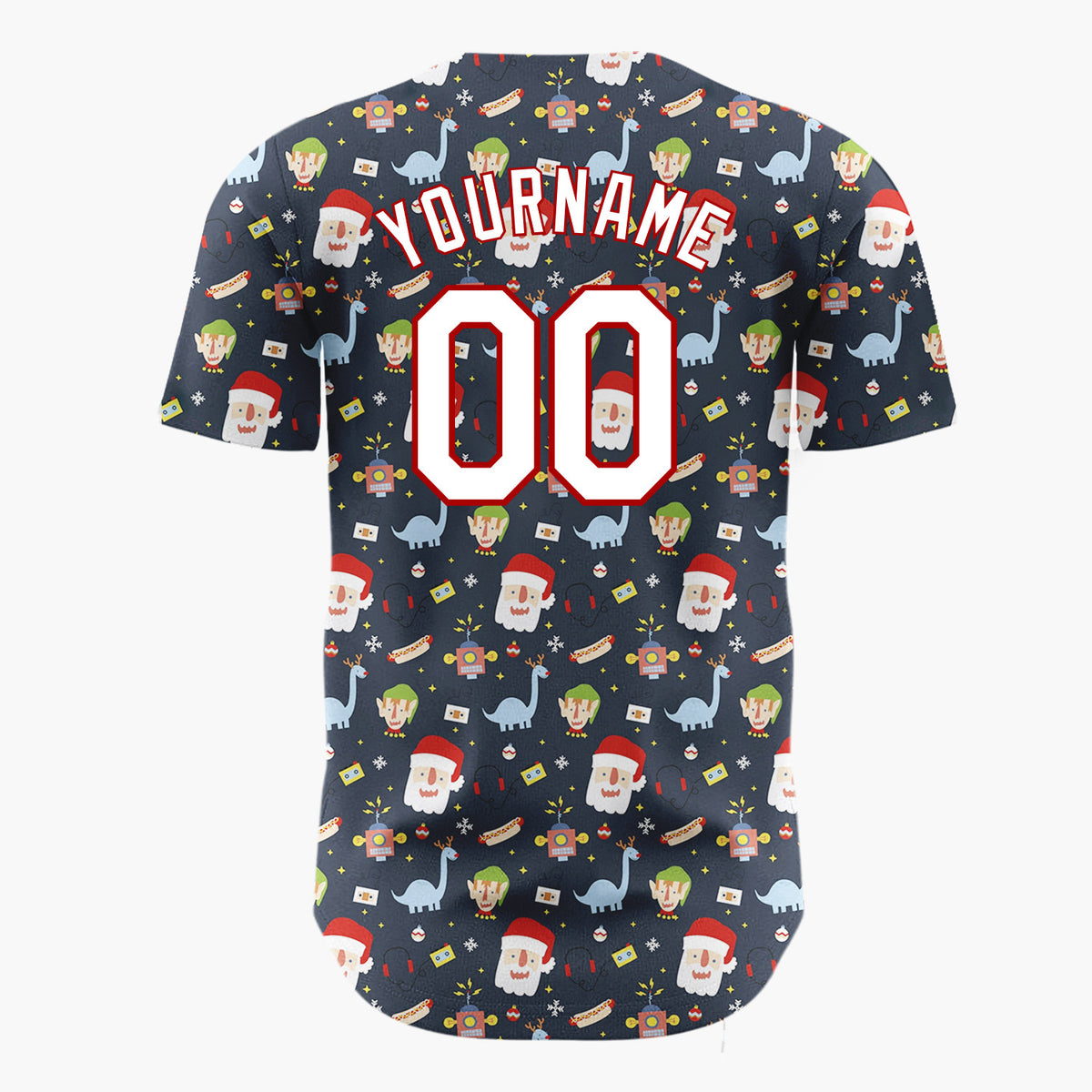 Custom Navy Blue Red Santa Elves And Dinosaurs Fun Retro Christmas Baseball Jersey