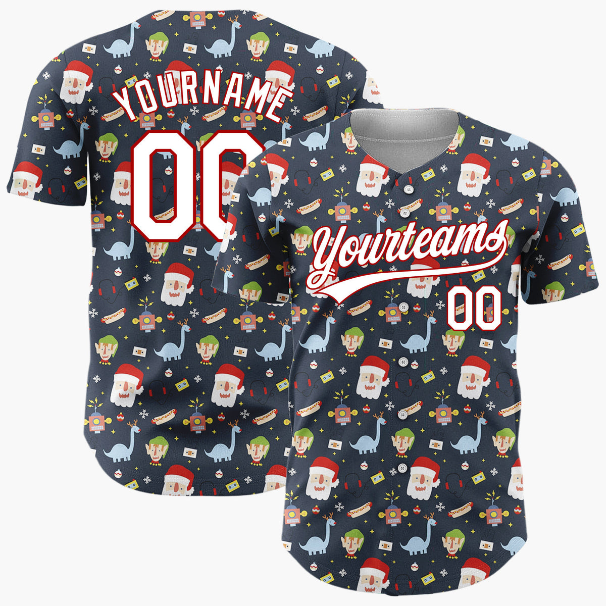 Custom Navy Blue Red Santa Elves And Dinosaurs Fun Retro Christmas Baseball Jersey