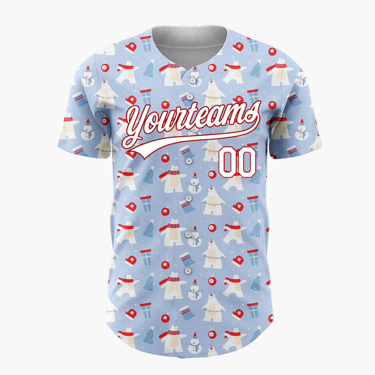Custom Light Blue White Polar Bear Snowman Christmas Baseball Jersey