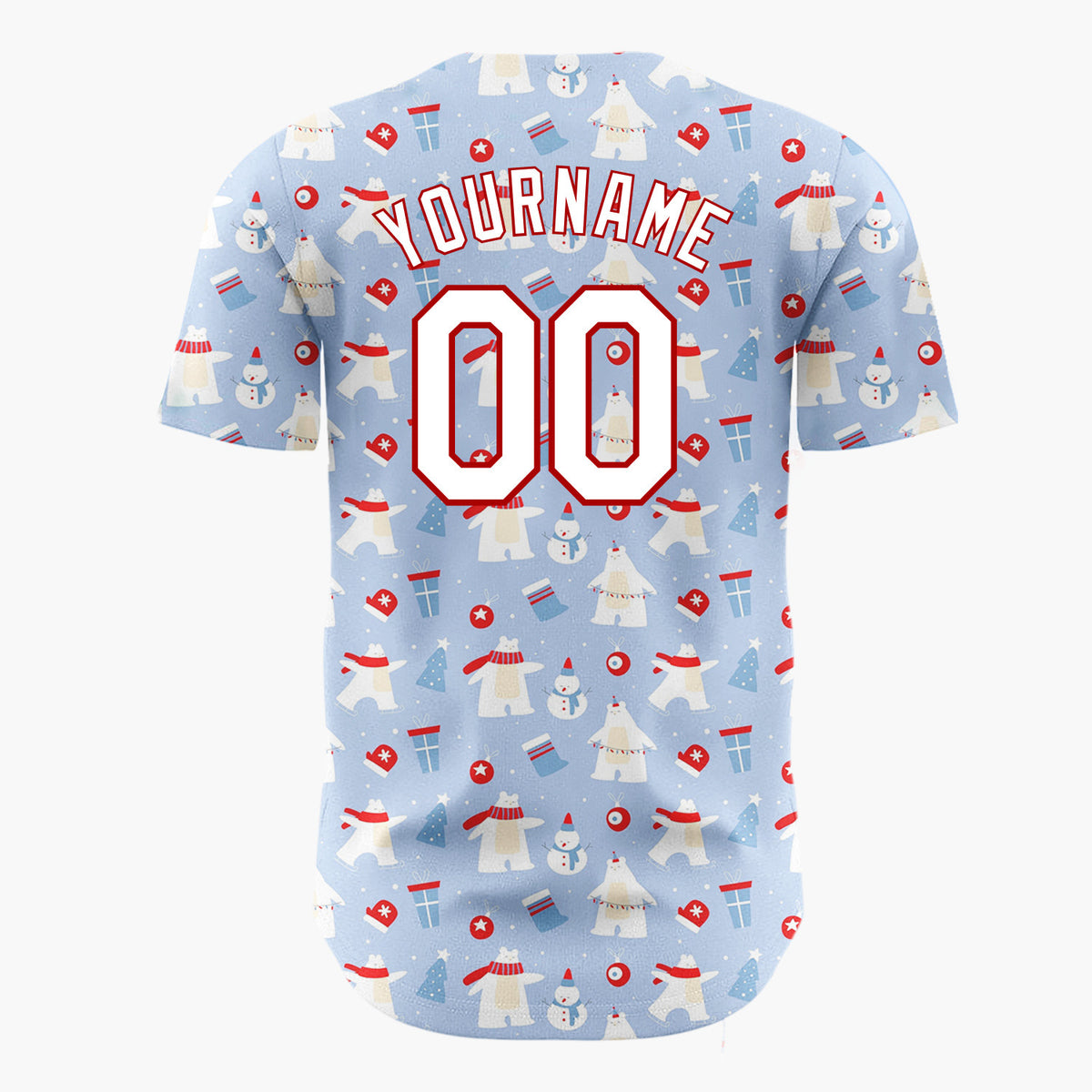 Custom Light Blue White Polar Bear Snowman Christmas Baseball Jersey