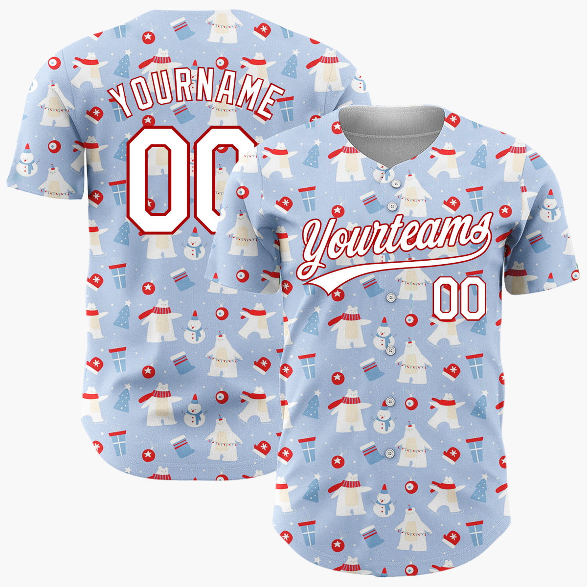 Custom Light Blue White Polar Bear Snowman Christmas Baseball Jersey