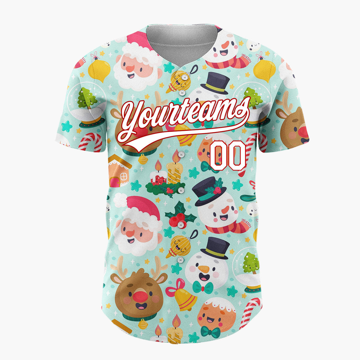 Custom Mint Green Santa Snowmen And Reindeers Cute Holiday Pattern Christmas Baseball Jersey