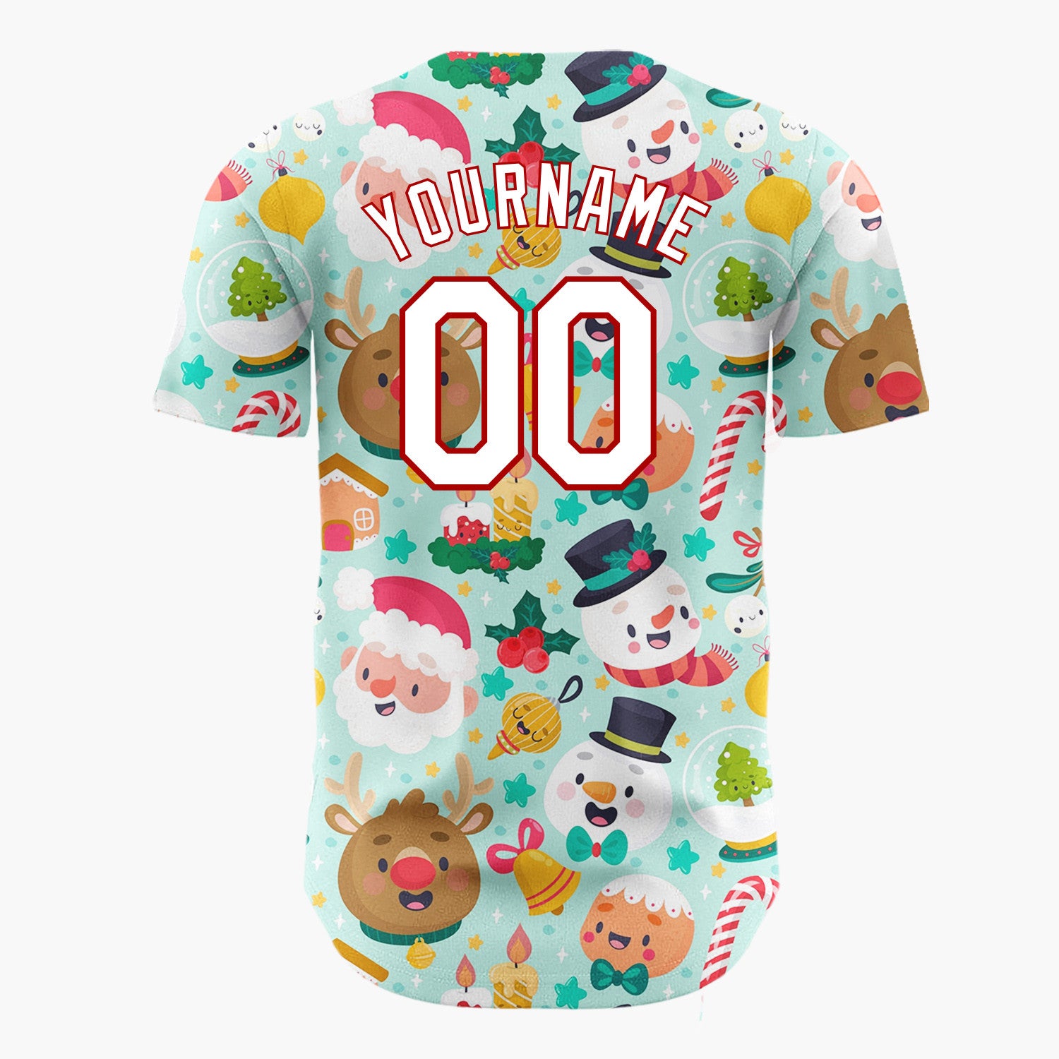 Custom Mint Green Santa Snowmen And Reindeers Cute Holiday Pattern Christmas Baseball Jersey