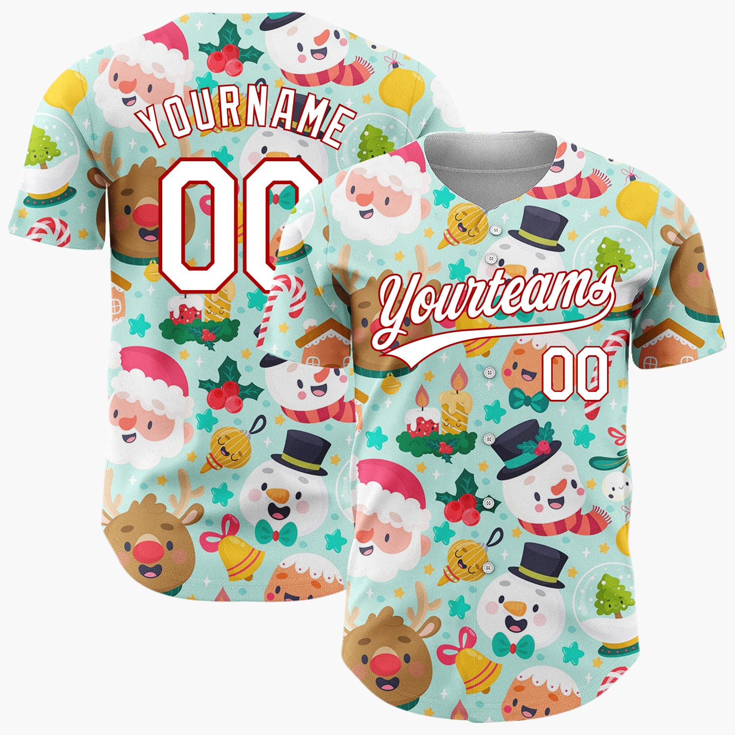 Custom Mint Green Santa Snowmen And Reindeers Cute Holiday Pattern Christmas Baseball Jersey