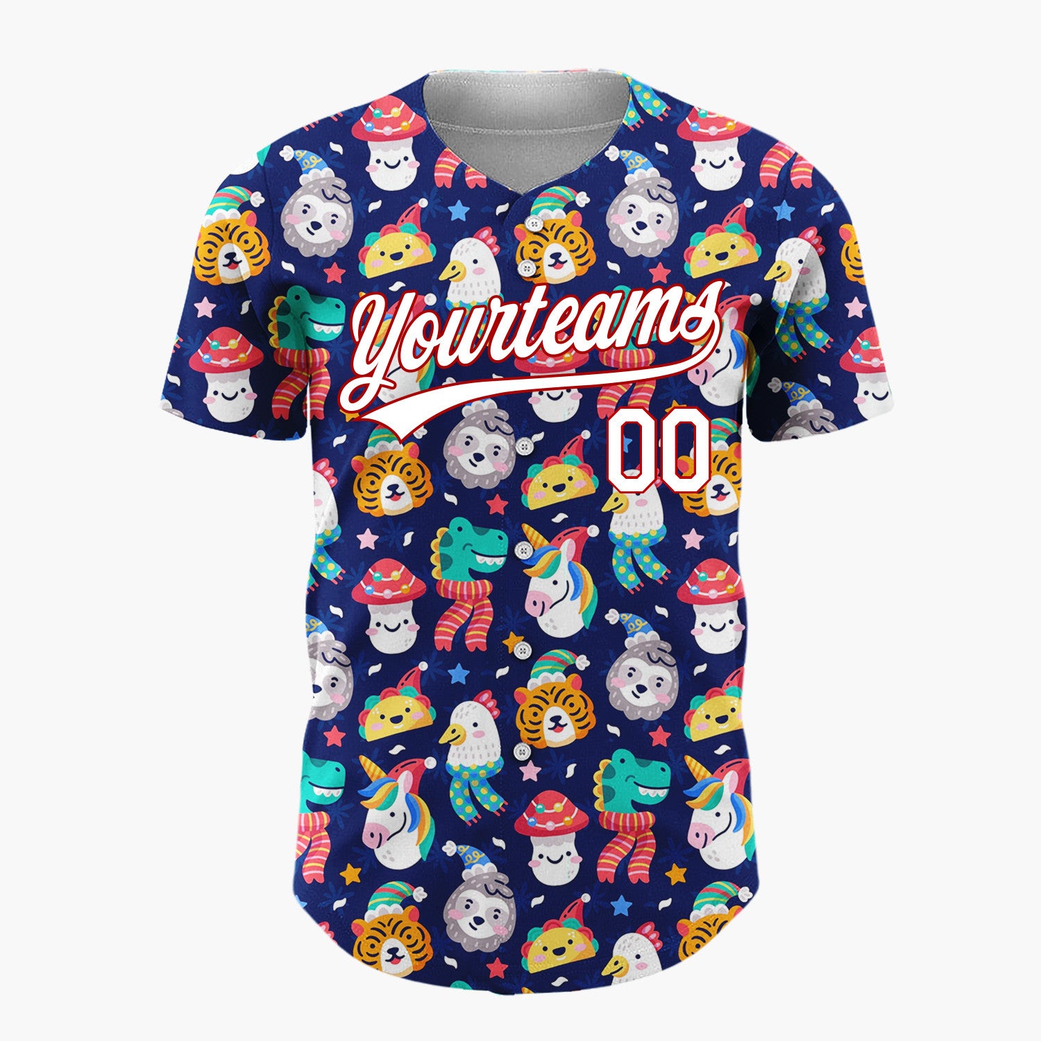 Custom Navy Blue Multicolor Unicorns Tigers And Frogs Fun Animal Winter Pattern Christmas Baseball Jersey