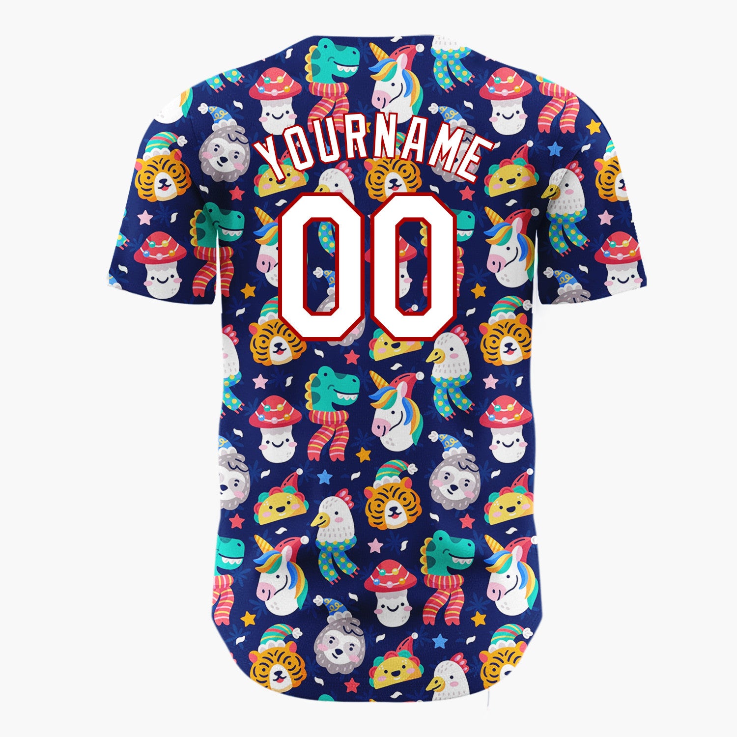 Custom Navy Blue Multicolor Unicorns Tigers And Frogs Fun Animal Winter Pattern Christmas Baseball Jersey