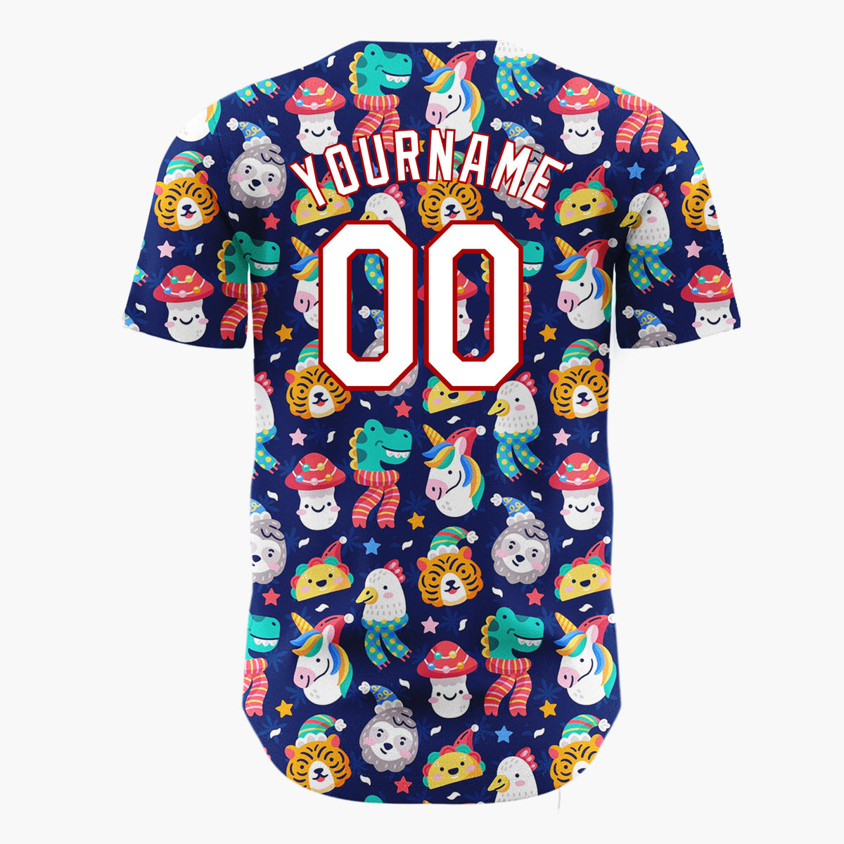 Custom Navy Blue Multicolor Unicorns Tigers And Frogs Fun Animal Winter Pattern Christmas Baseball Jersey