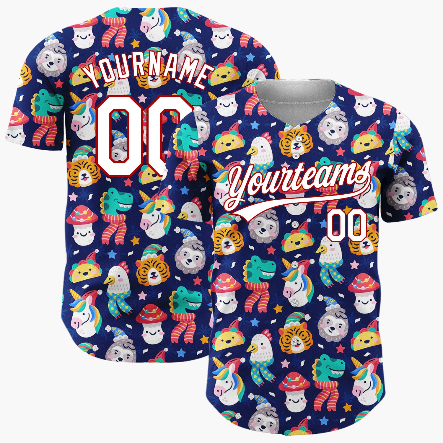 Custom Navy Blue Multicolor Unicorns Tigers And Frogs Fun Animal Winter Pattern Christmas Baseball Jersey